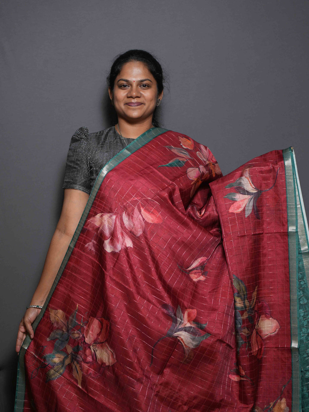 Floral Checks Printed Sarees Signature Style / SKU311 – 9