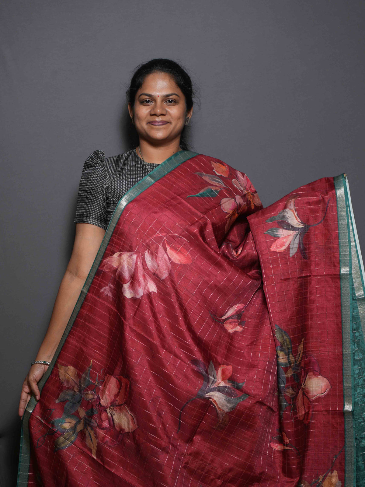 Floral Checks Printed Sarees Signature Style / SKU311 – 9